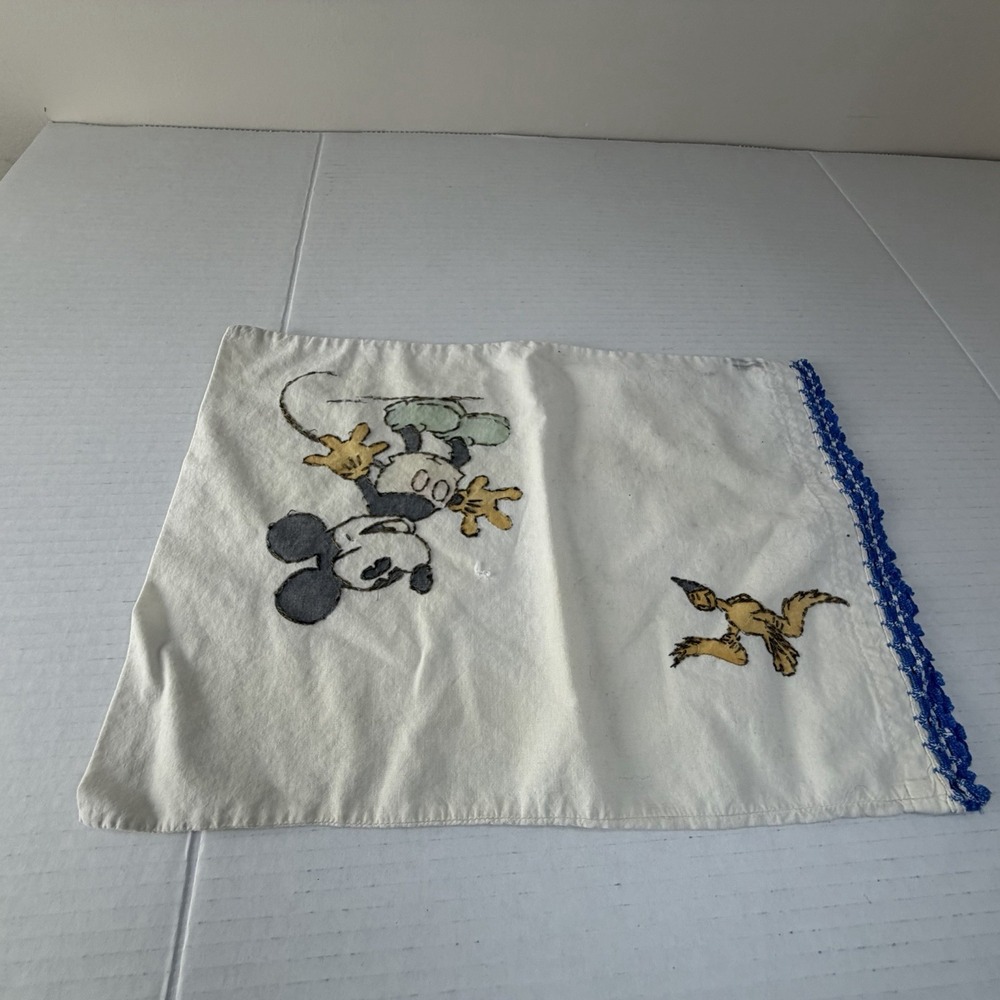 Vintage Cross Stitch Mickey Mouse & Bird White Pillow Case Blue Crochet Small